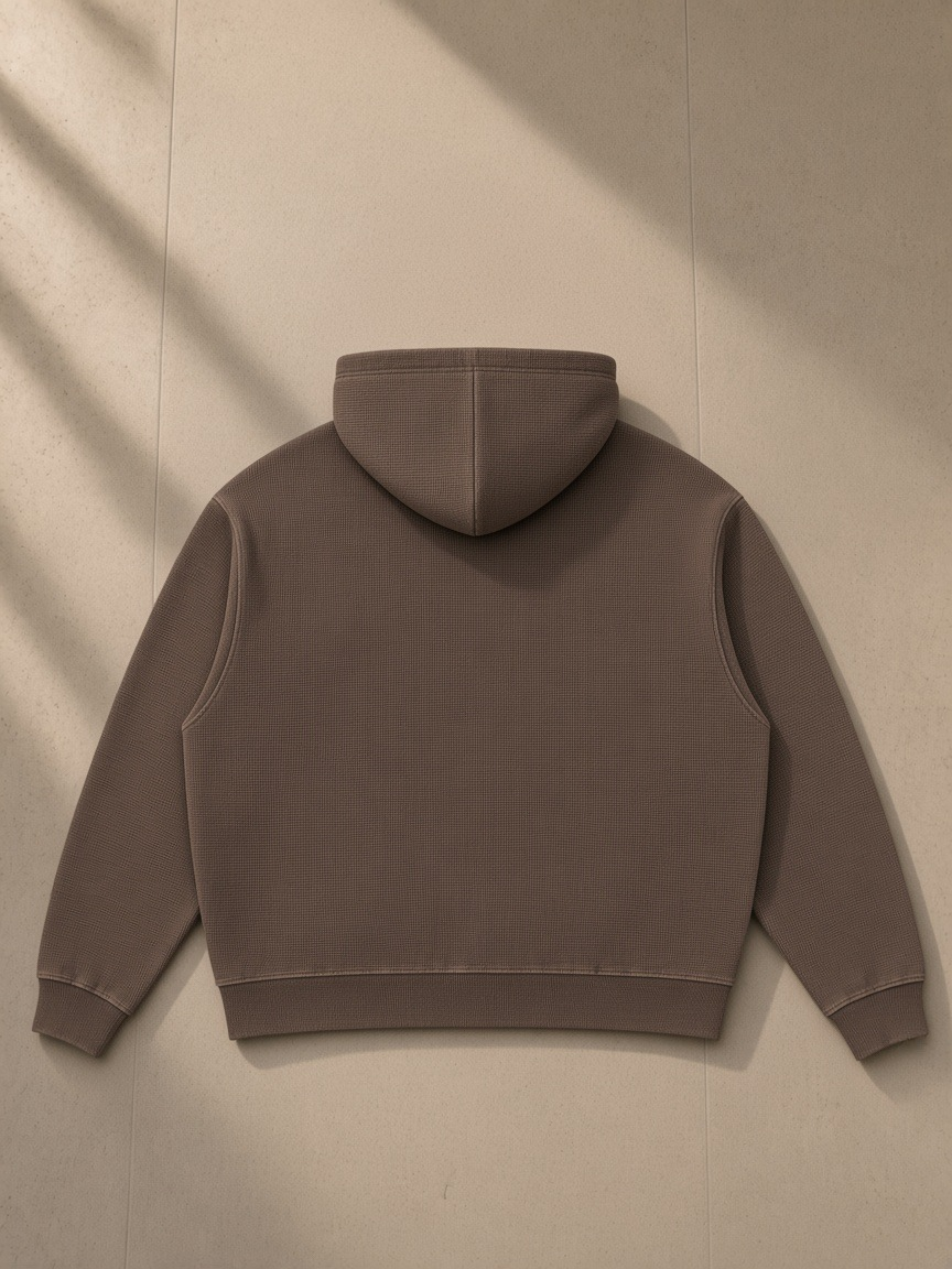 Unisex vintage wash boxy waffle full zip hoodie in Brown, laid flat on pale limestone, back view