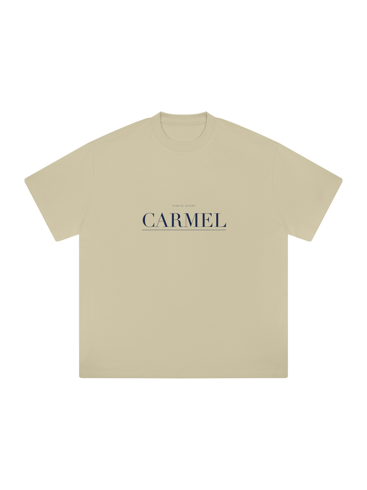 Carmel Heavyweight Drop Shoulder T-Shirt by Marcel Afters in Pale Khaki, front view with the printed artwork, on white