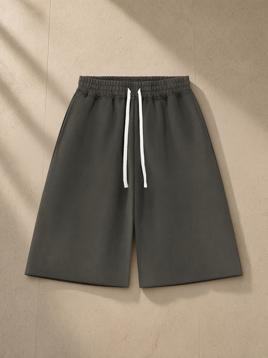 Heavyweight Raw Edge Shorts in Black, laid flat on pale limestone
