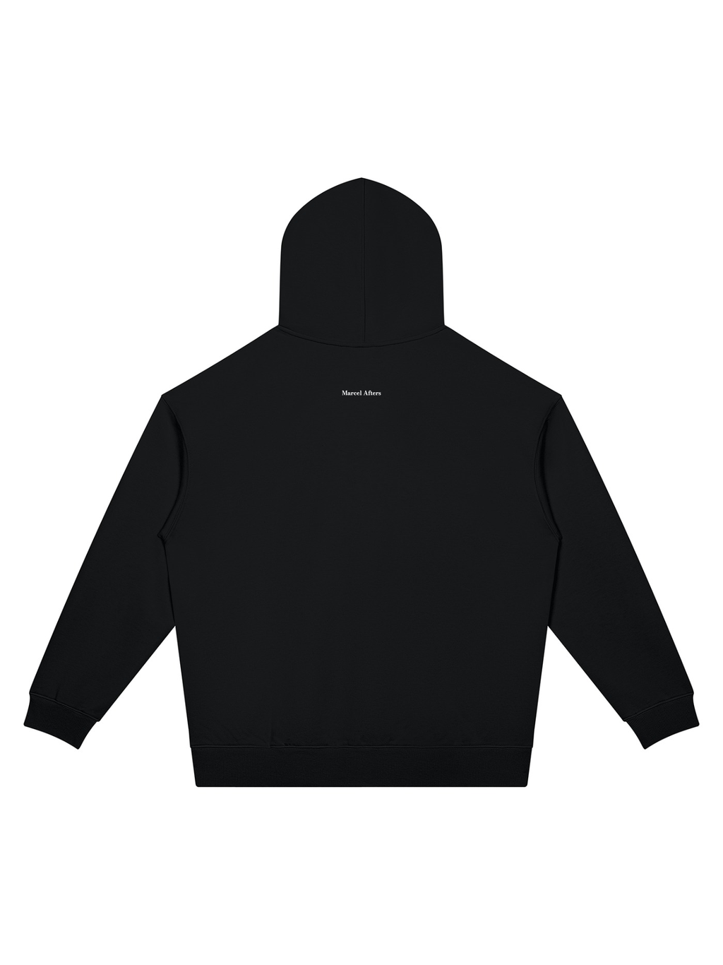 Unisex oversized drop shoulder hoodie in Black, back view on white. Marcel Afters
