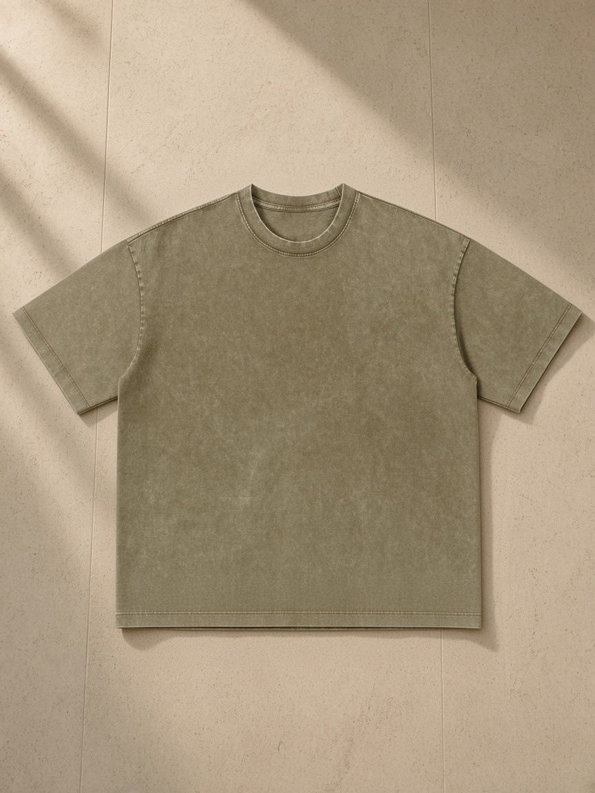 Unisex vintage wash boxy t-shirt in Gray Coffee, laid flat on pale limestone