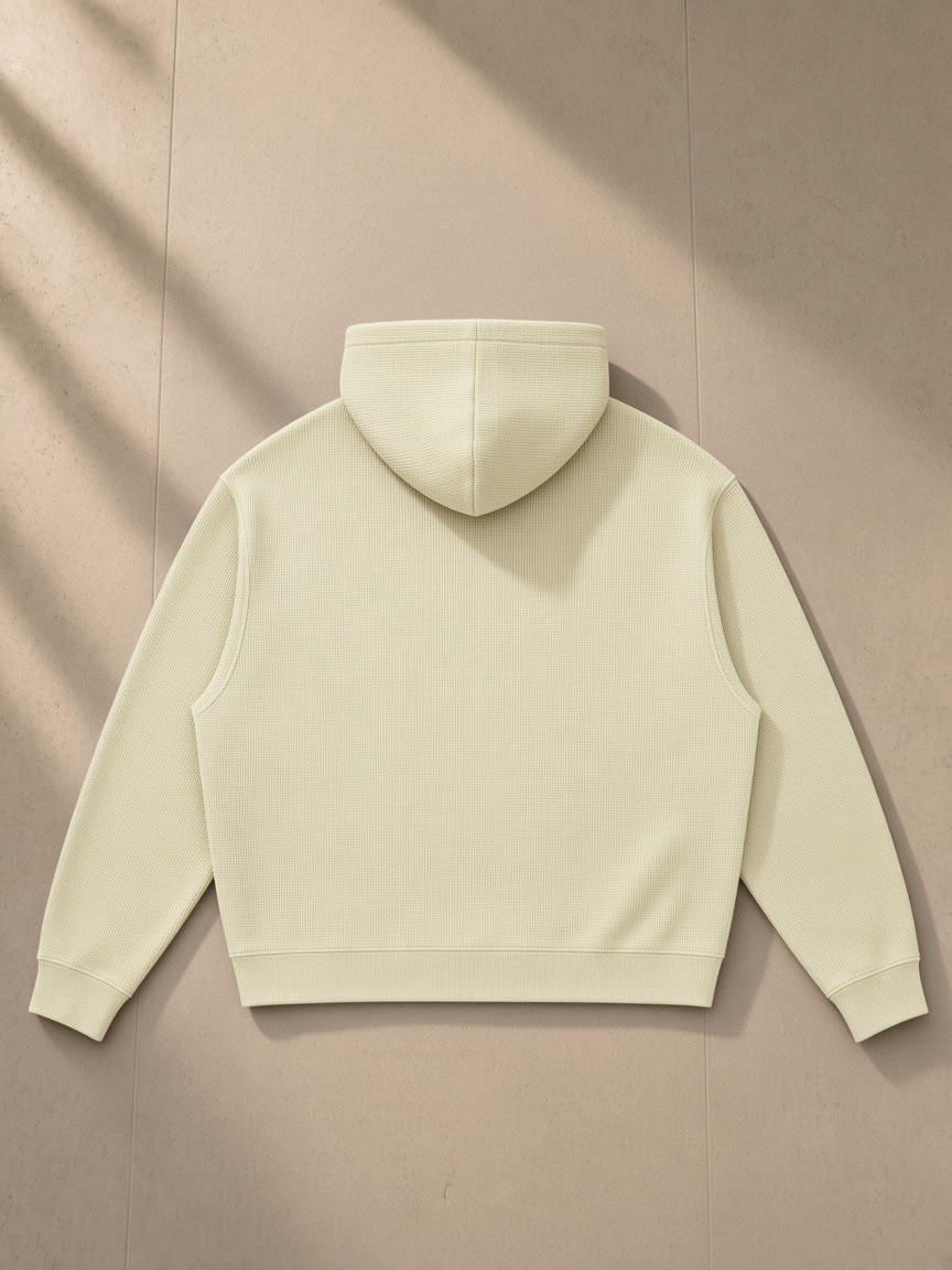 Waffle boxy hoodie in Mild Apricot, laid flat on pale limestone, back view