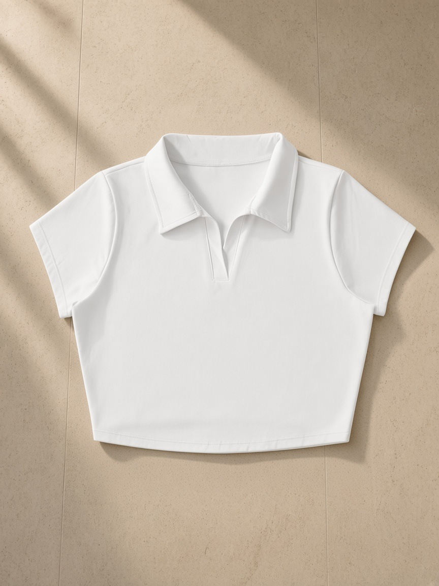 V-Neck Lapel Crop Top in White, laid flat on pale limestone