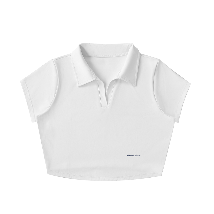 V-Neck Lapel Crop Top in White, front view