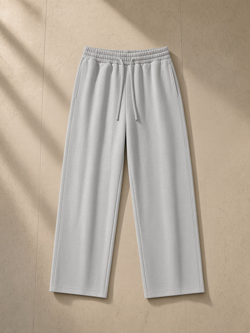 Straight-leg sweatpants in Flower Gray, laid flat on pale limestone