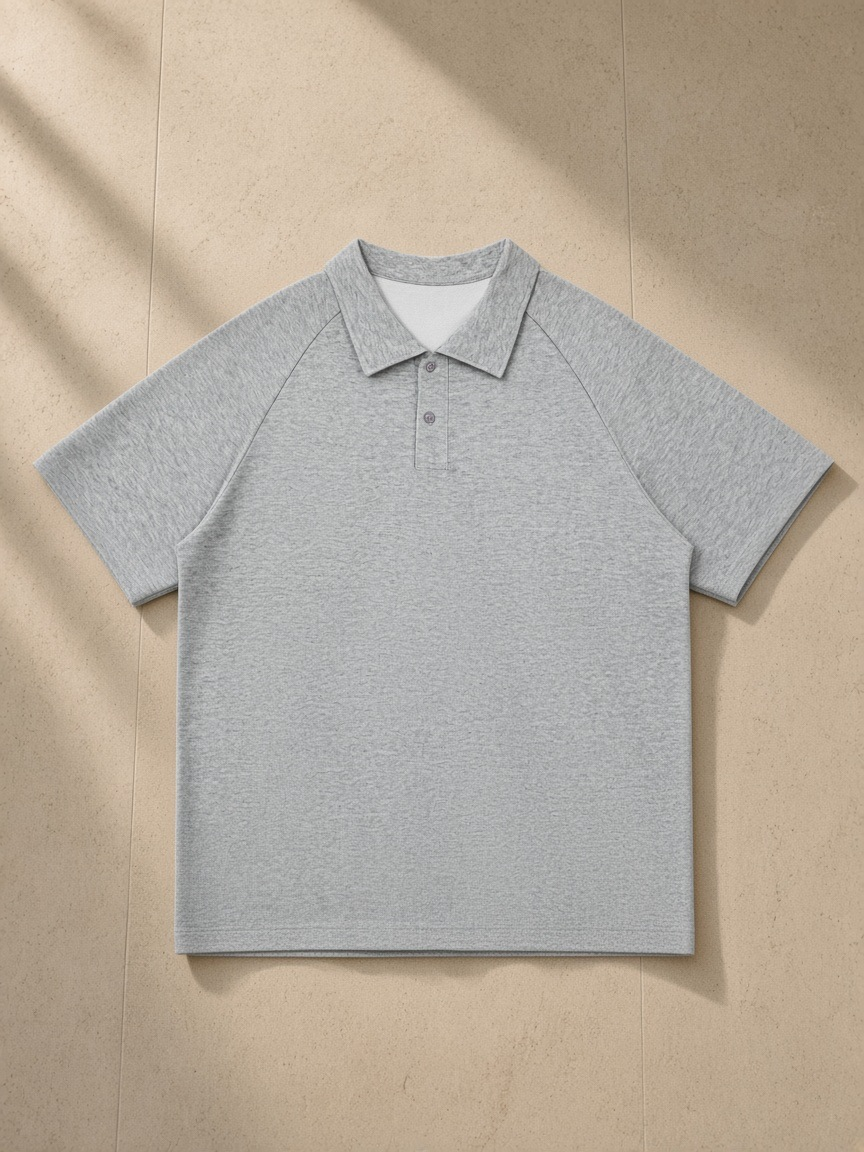 Unisex regular fit polo shirt in Flower Gray, laid flat on pale limestone