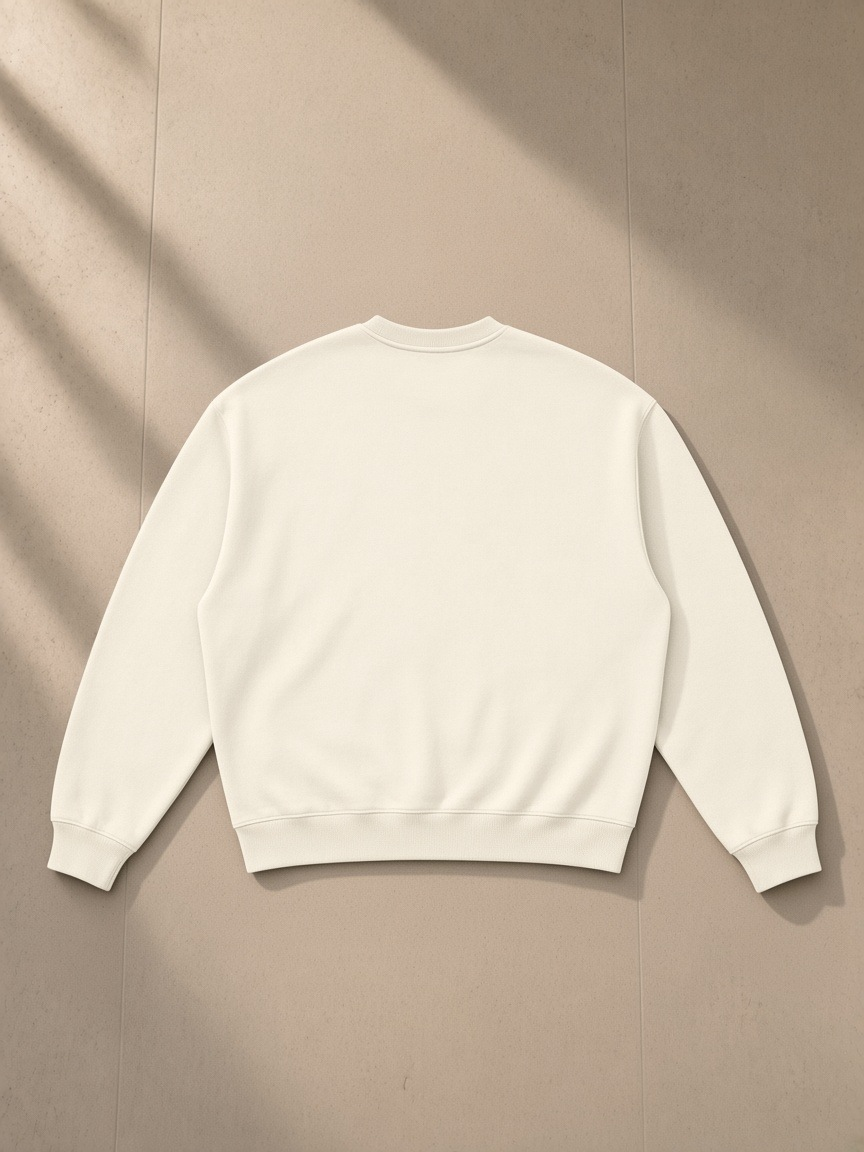 Boxy fleece crewneck sweatshirt in Apricot, laid flat on pale limestone, back view