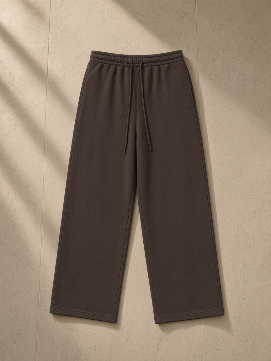 Fleece Drawstring Straight-Leg Sweatpants in Brown, laid flat on pale limestone