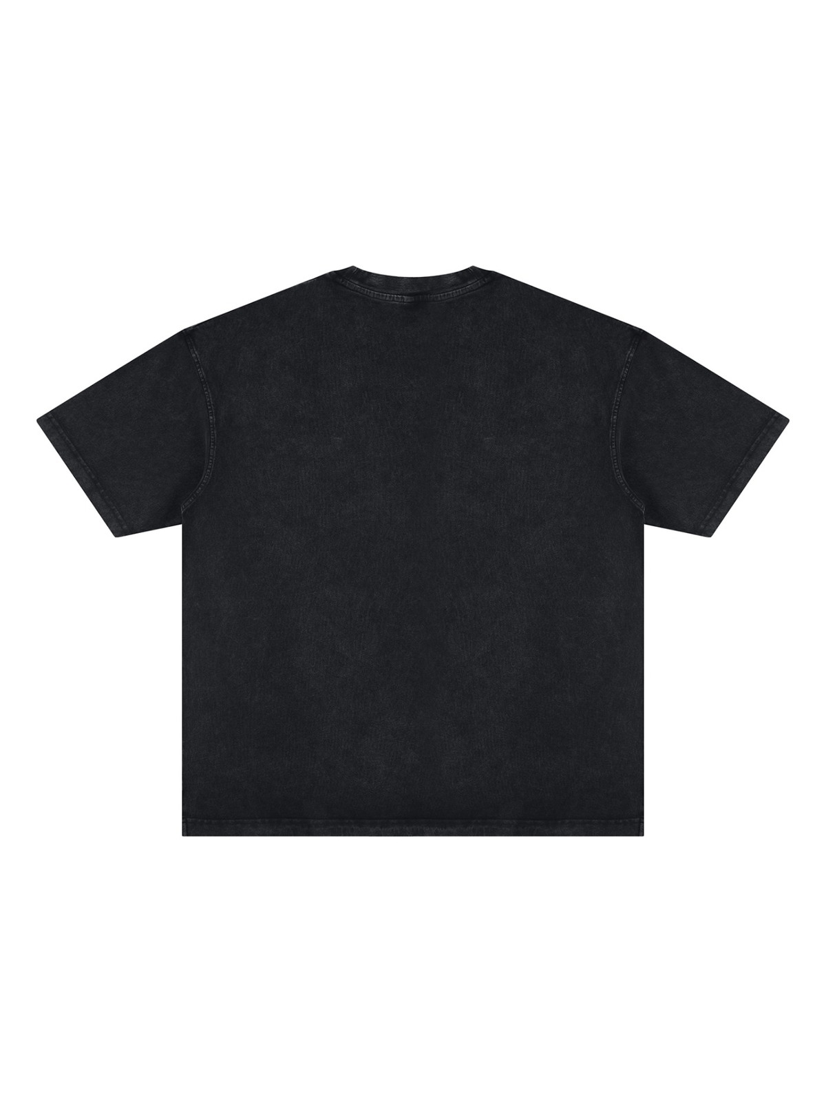 Unisex vintage wash paneling t-shirt in Black, back view on white. Marcel Afters