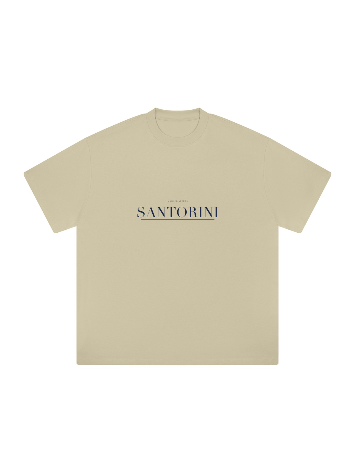 Santorini Heavyweight Drop Shoulder T-Shirt by Marcel Afters in Pale Khaki, front view with the printed artwork, on white