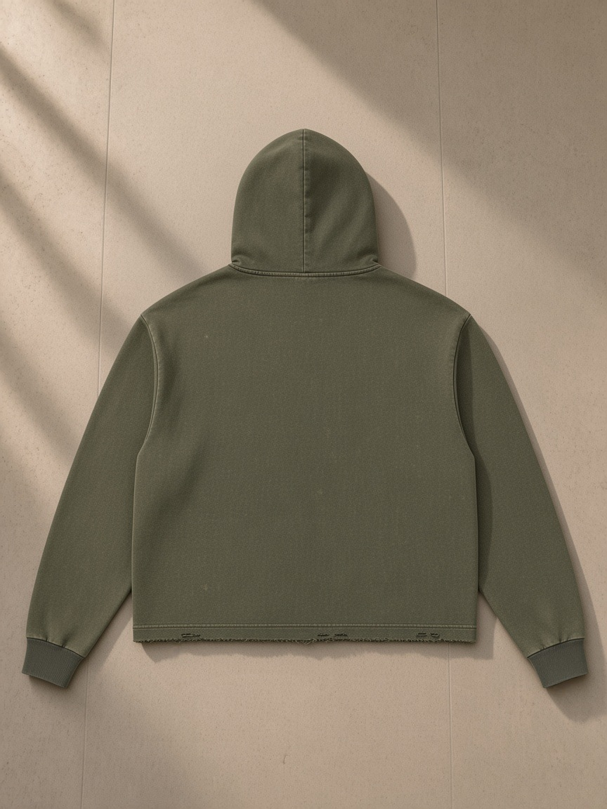 Vintage washed frayed-hem hoodie in Army Green, laid flat on pale limestone, back view