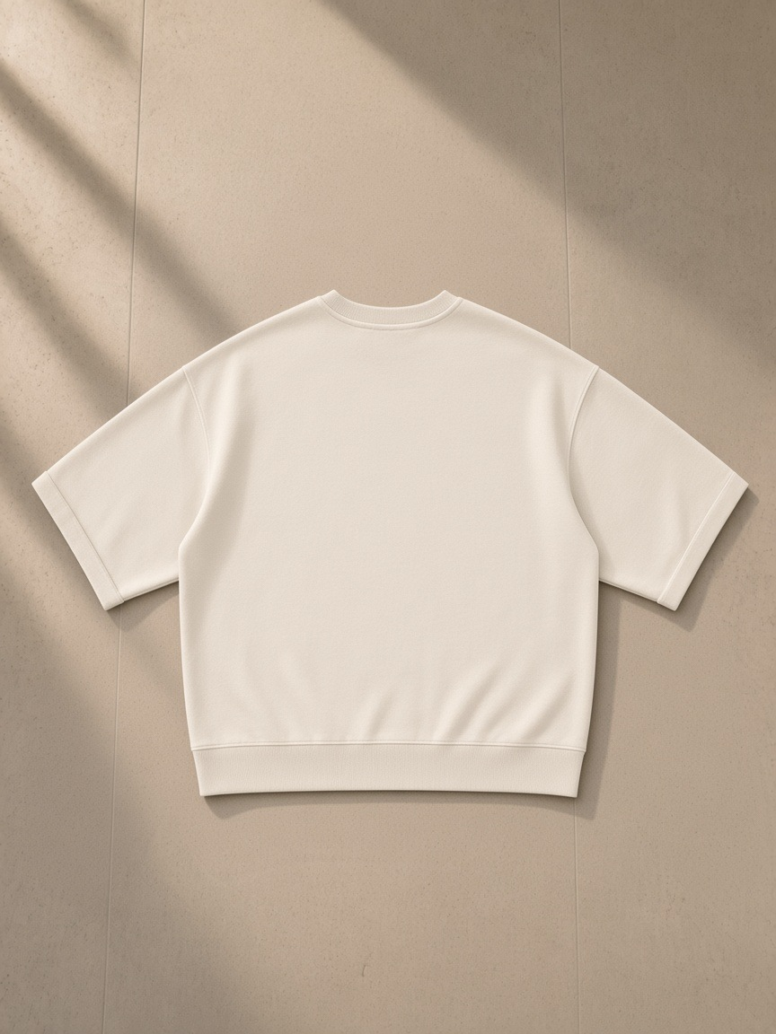 Unisex vintage wash boxy short sleeve sweatshirt in Light Apricot, laid flat on pale limestone, back view
