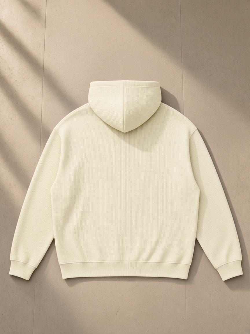 Waffle Hoodie in Mild Apricot, laid flat on pale limestone, back view