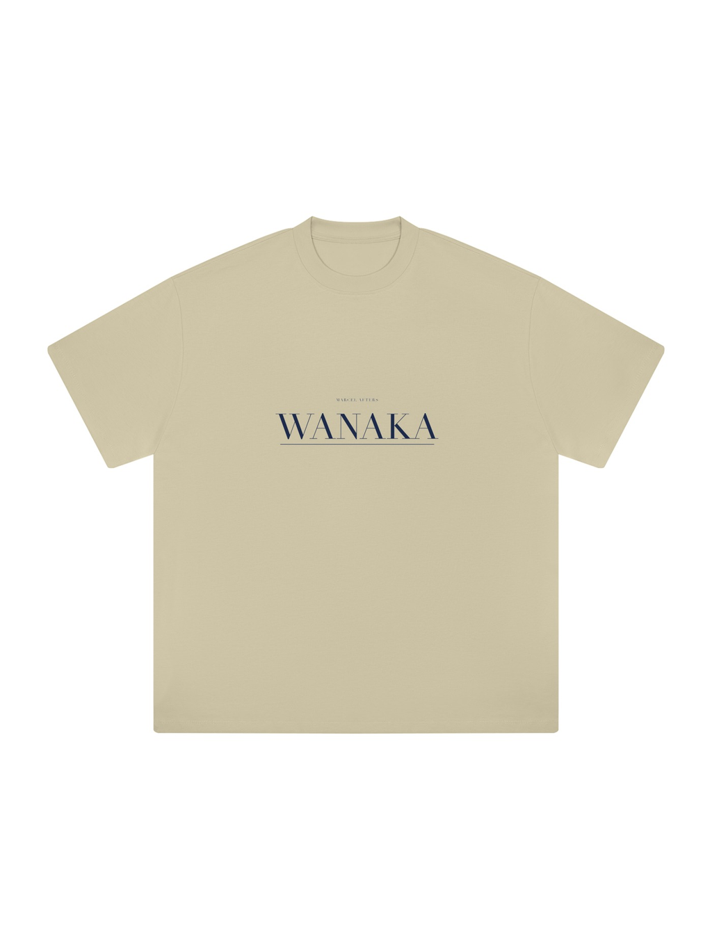 Wanaka Heavyweight Drop Shoulder T-Shirt by Marcel Afters in Pale Khaki, front view with the printed artwork, on white