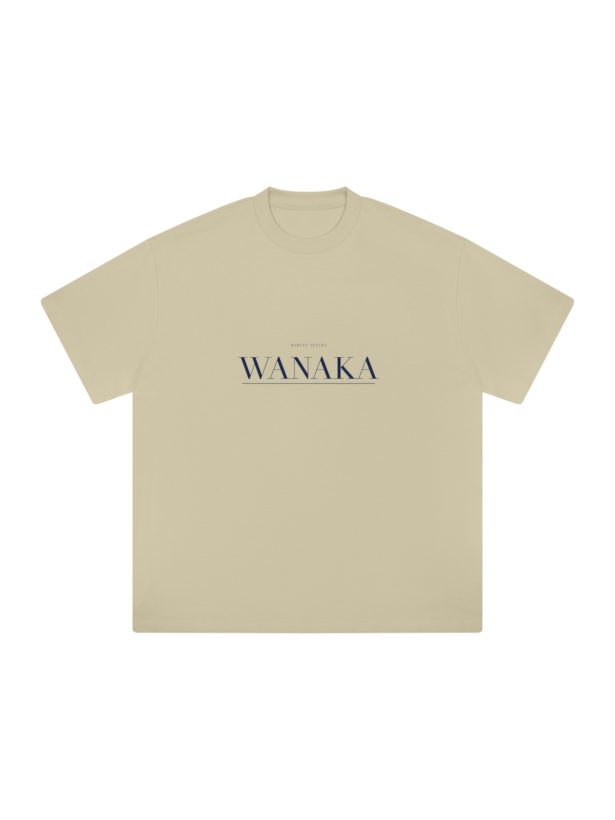 Wanaka Heavyweight Drop Shoulder T-Shirt by Marcel Afters in Pale Khaki, front view with the printed artwork, on white