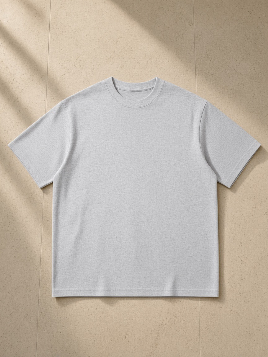 Unisex Quick-Dry Relaxed Fit T-Shirt in Flower Gray, laid flat on pale limestone