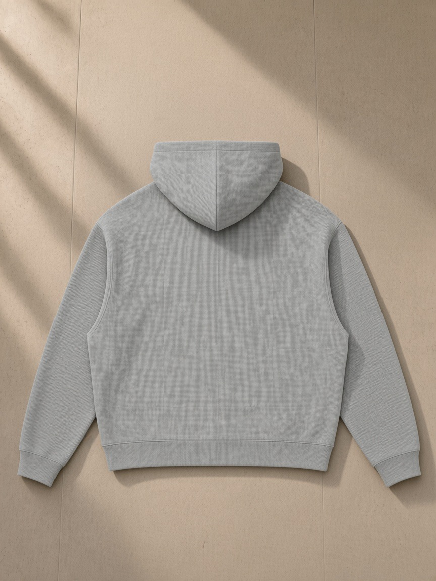 Waffle boxy hoodie in Light Gray, laid flat on pale limestone, back view