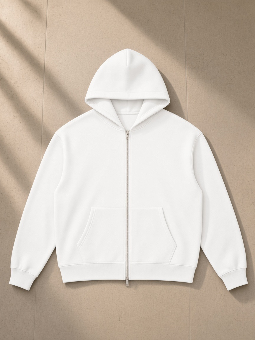 Front of the White Men's Heavyweight Full Zip Hoodie, laid flat