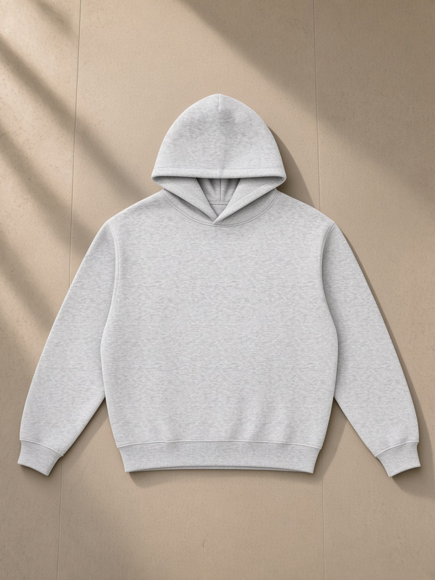 Fleeced boxy hoodie in Flower Gray, laid flat on pale limestone