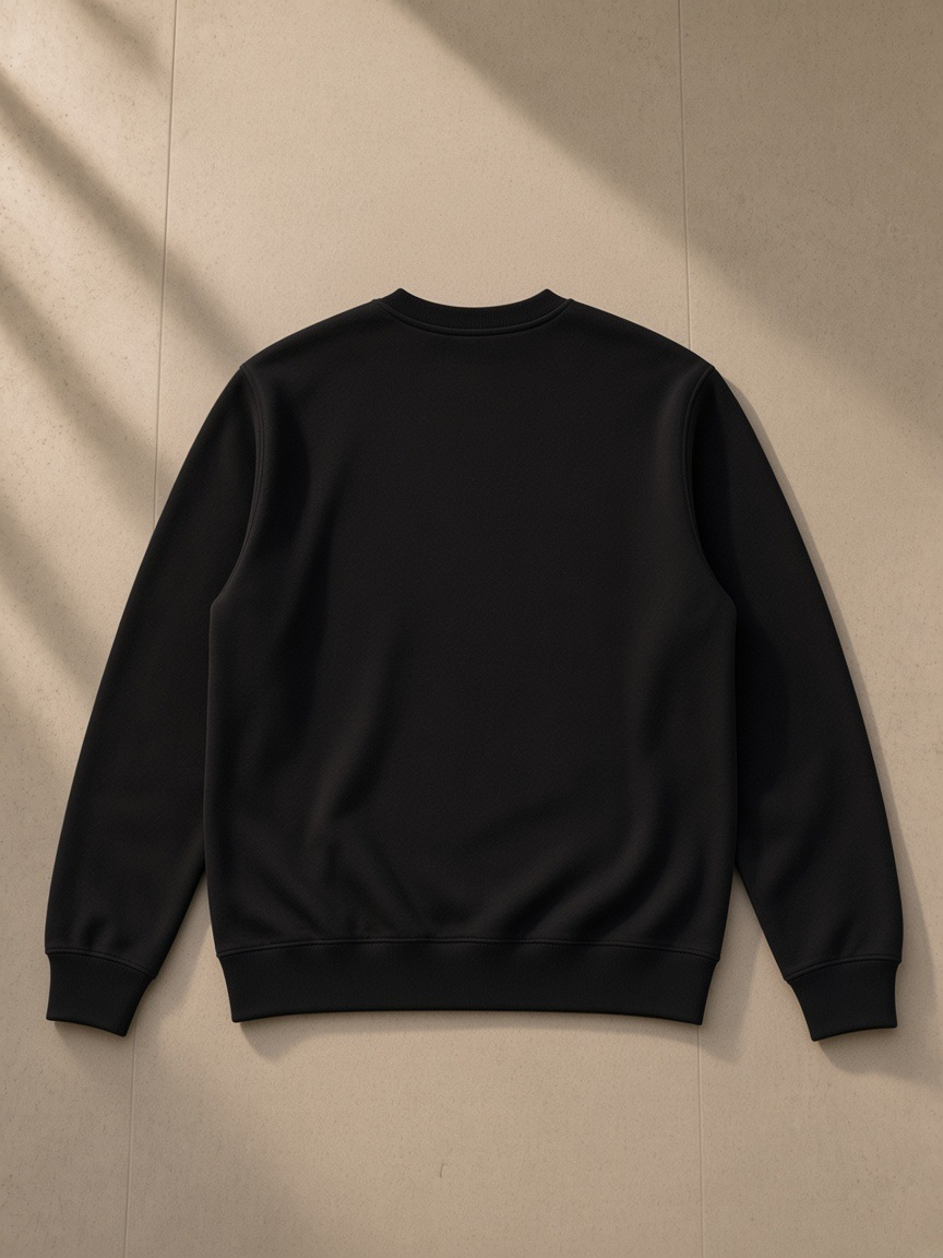 Unisex heavyweight crewneck sweatshirt in Black, laid flat on pale limestone, back view