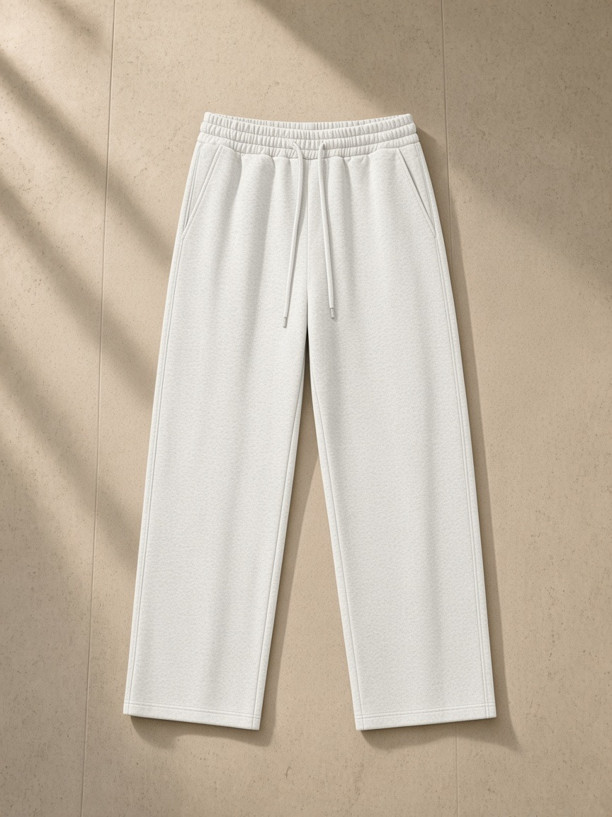 Unisex heavyweight sweatpants in Oat Gray, front view on white. Marcel Afters