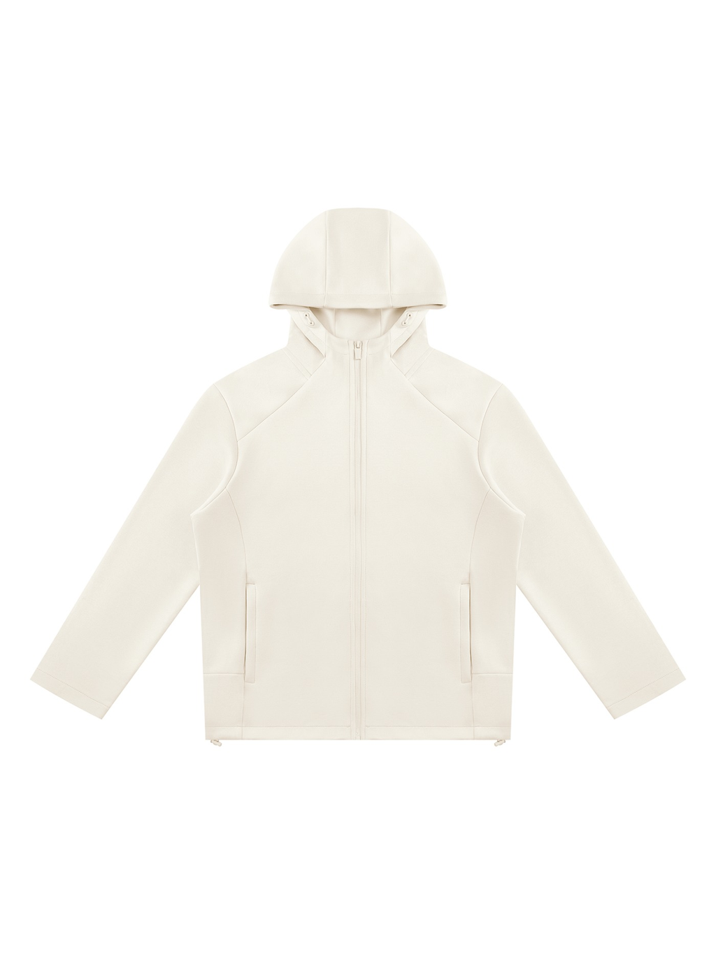 Unisex paneled full zip hoodie in Beige, front view on white. Marcel Afters