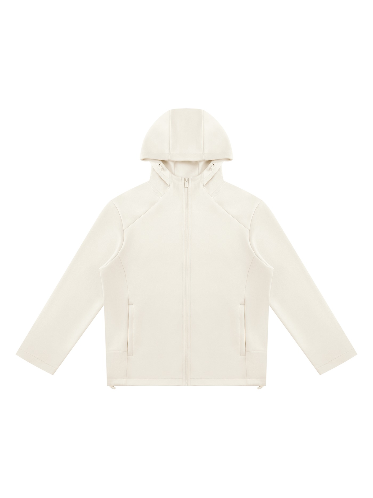 Unisex paneled full zip hoodie in Beige, front view on white. Marcel Afters