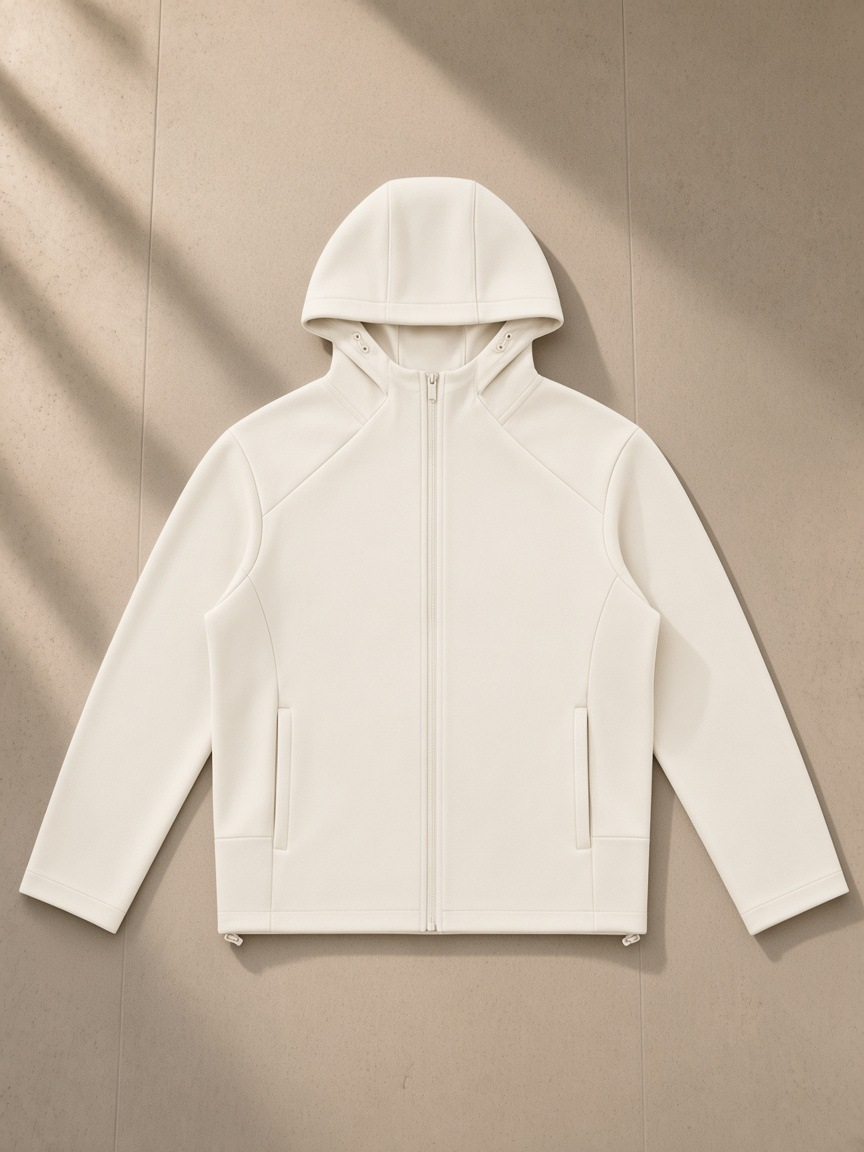 Paneled full zip hoodie in Beige, laid flat on pale limestone