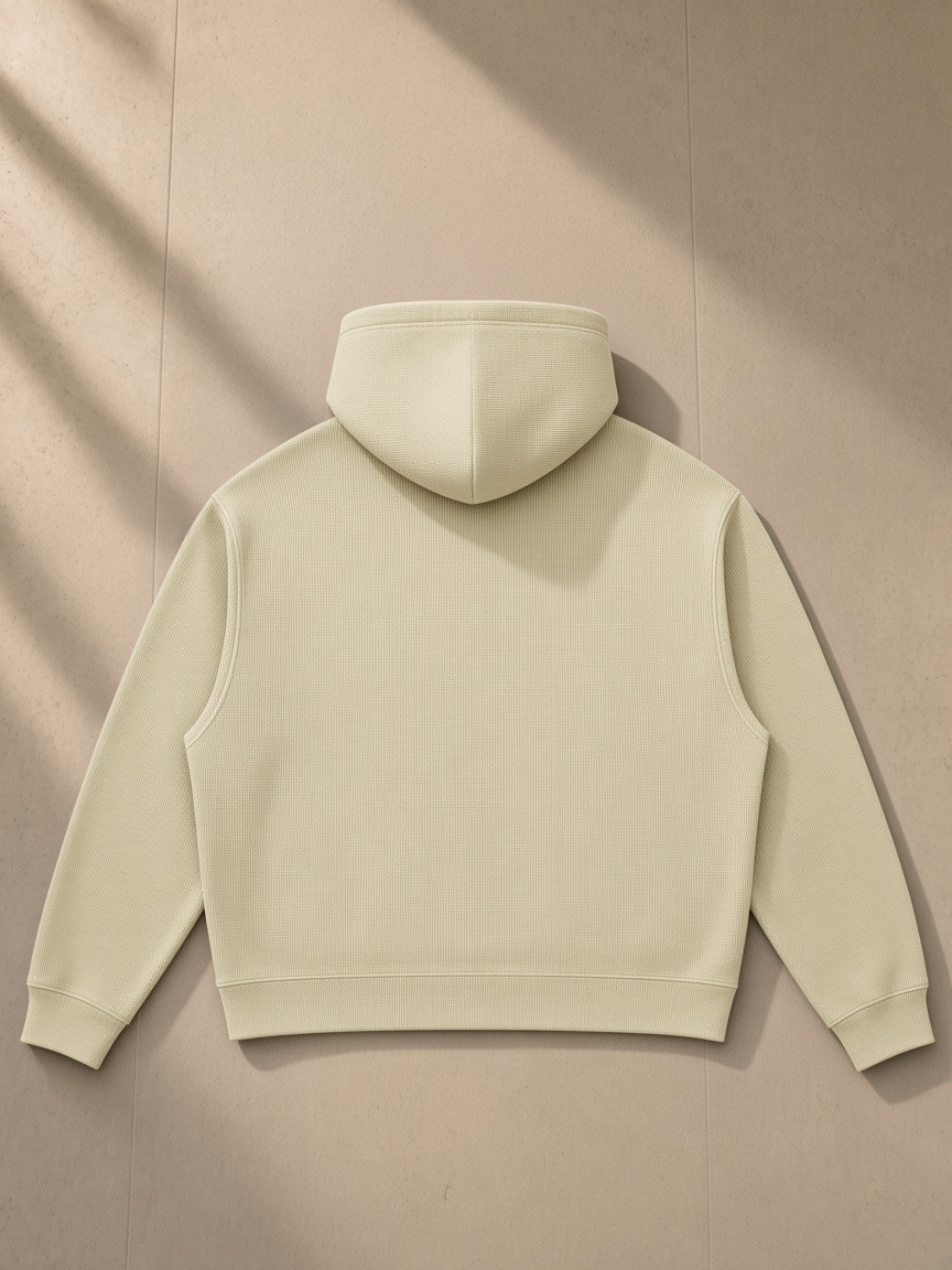 Waffle boxy hoodie in Apricot, laid flat on pale limestone, back view