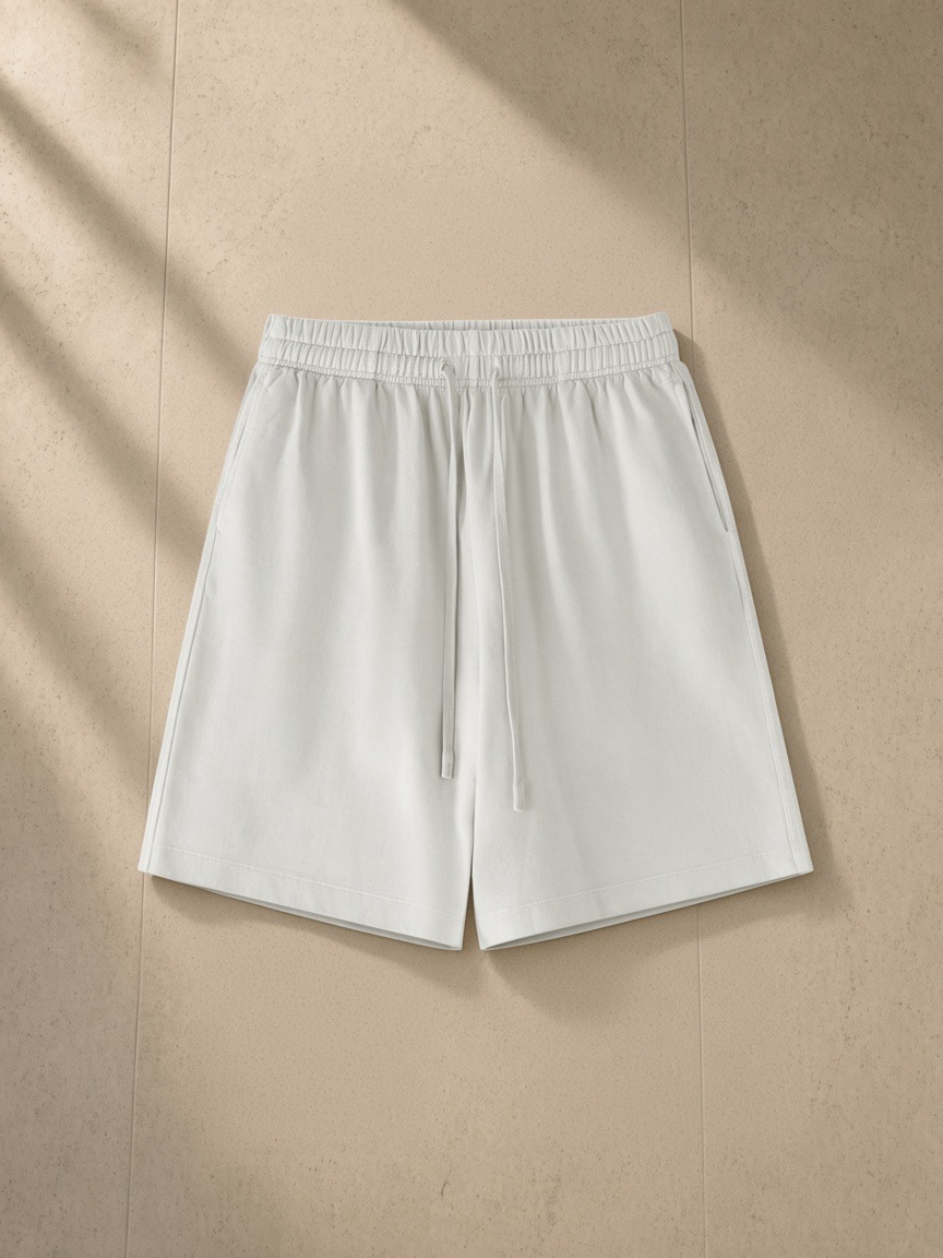Vintage wash cotton shorts in Greyish White, laid flat on pale limestone
