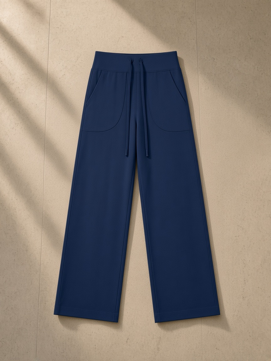 Women’s High Rise Straight Leg Yoga Pants in Navy Blue, laid flat on pale limestone