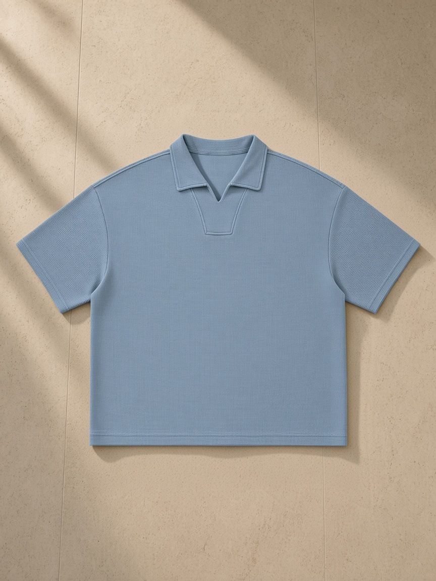 Vintage Wash Waffle Boxy Polo Shirt in Sky Blue, laid flat on pale limestone