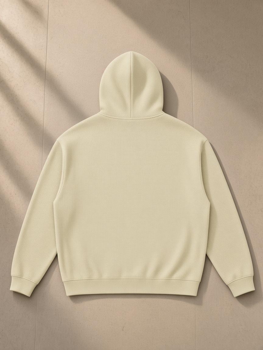 Waffle Hoodie in Apricot, laid flat on pale limestone, back view