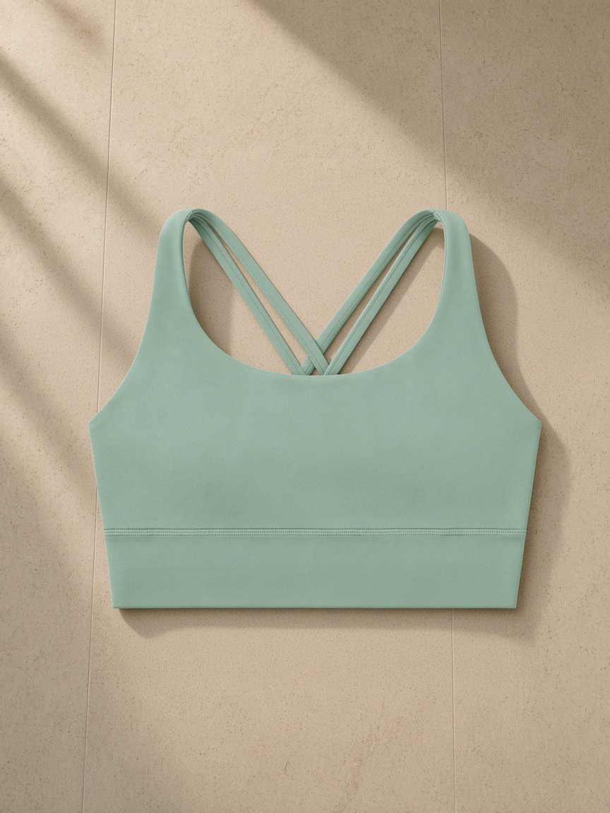 Strappy criss-cross sports bra in Light Green, laid flat on pale limestone
