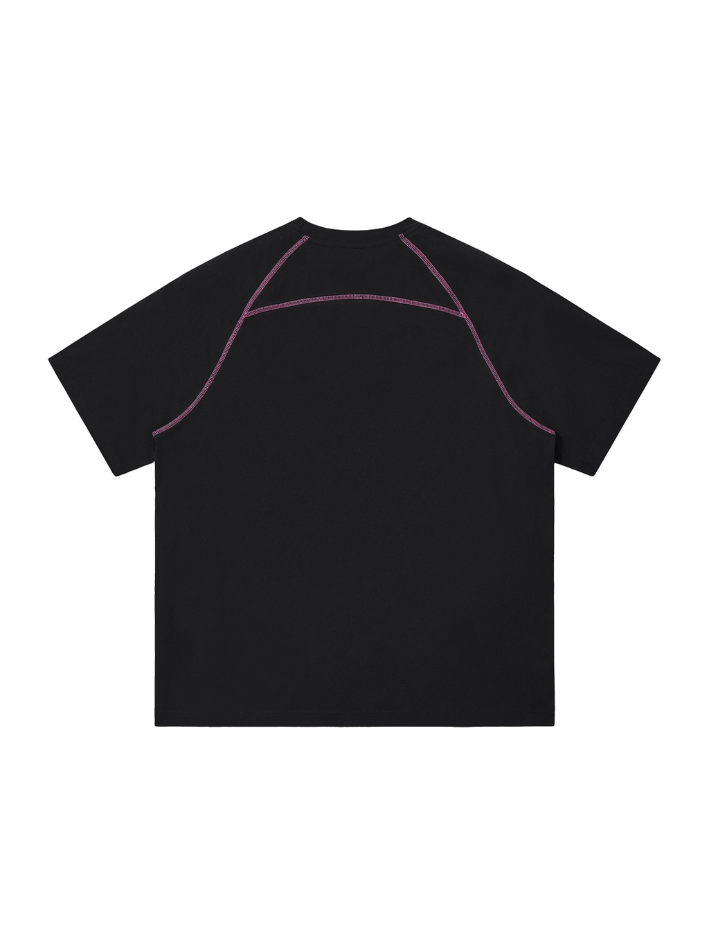 Unisex contrast stitch raglan t-shirt in Black, back view on white. Marcel Afters