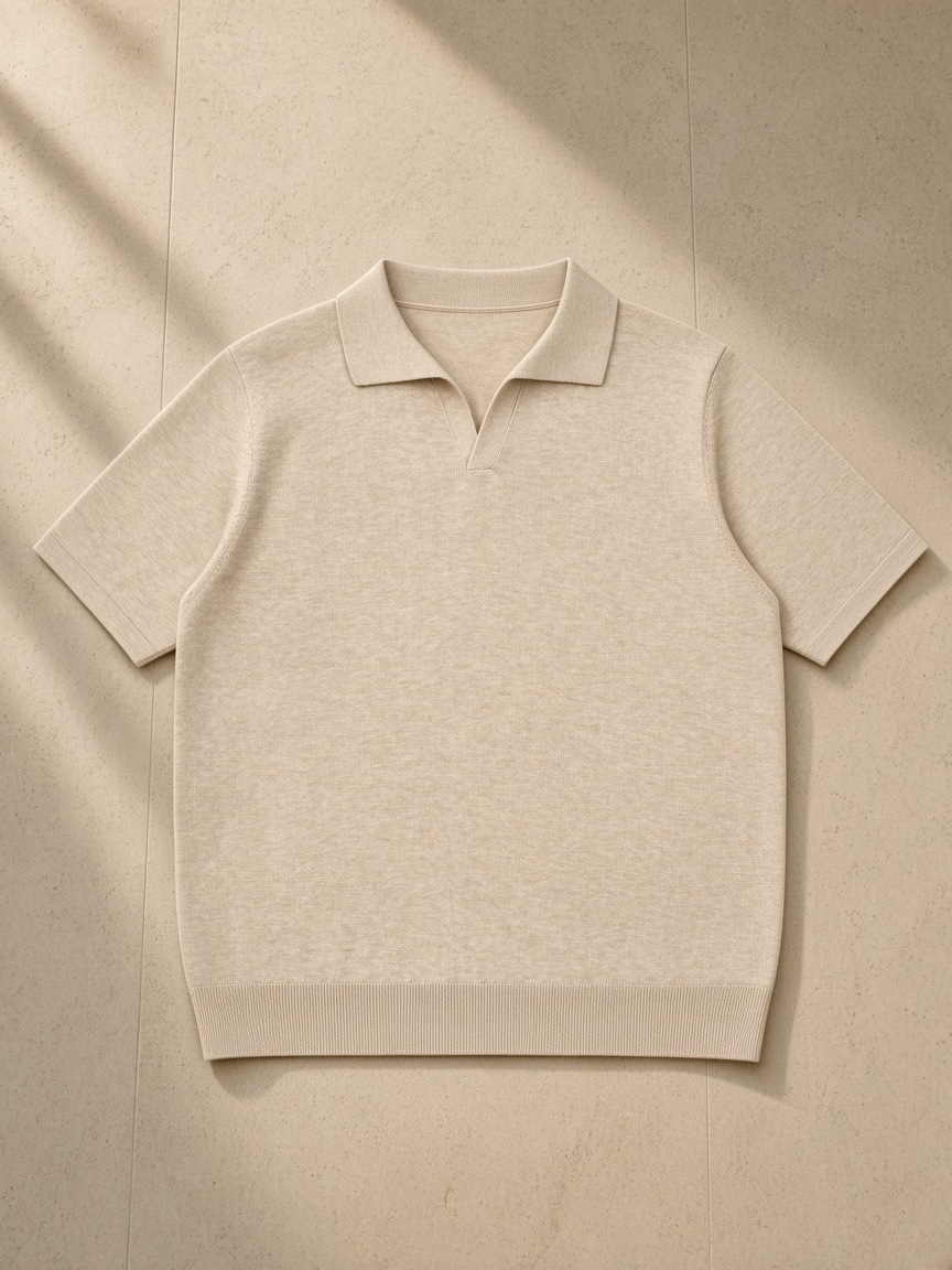 Heavyweight Oversized Polo in Mild Apricot, laid flat on pale limestone
