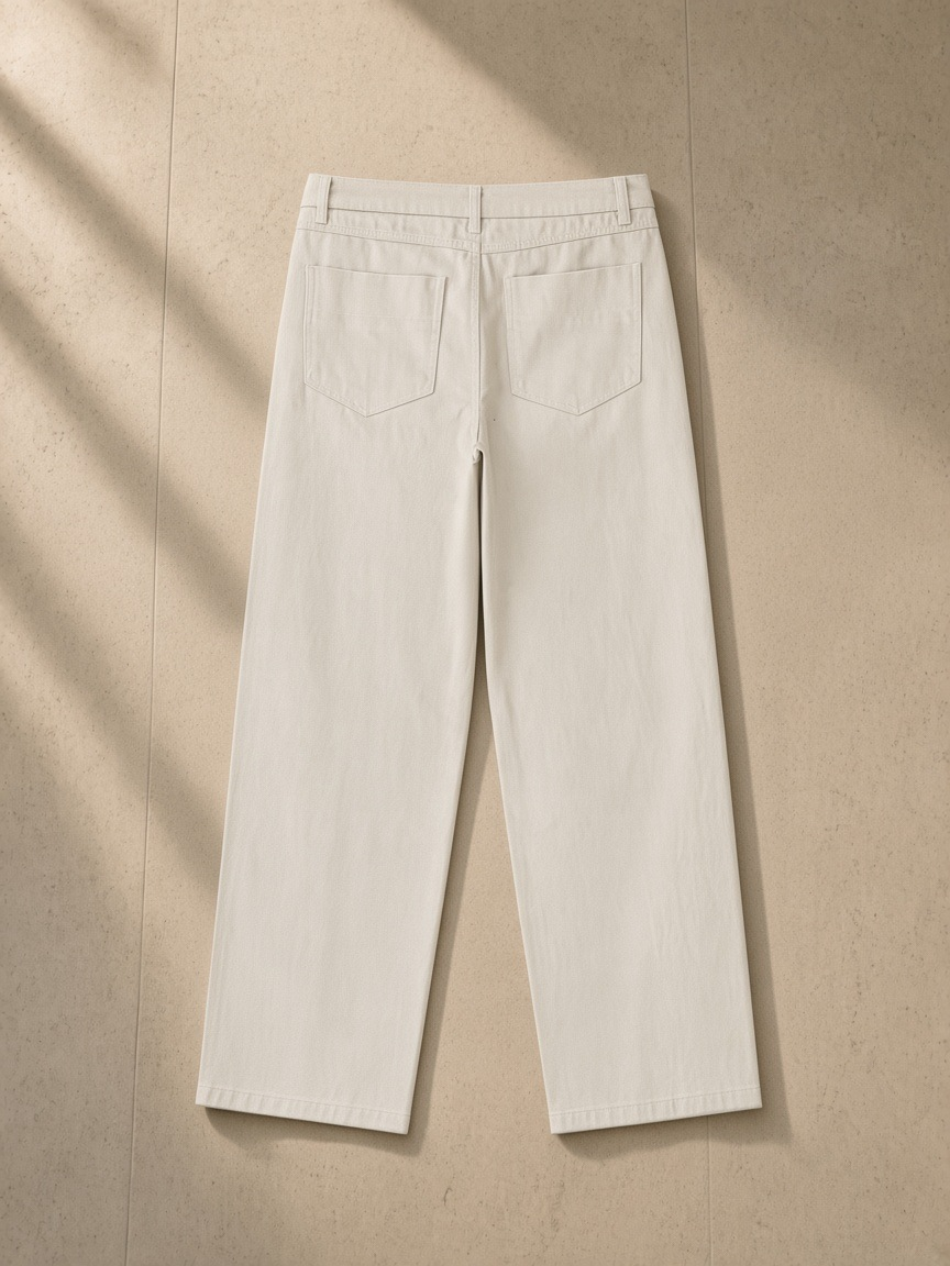 Heavyweight Straight-Leg Trousers in Pale Khaki, laid flat on pale limestone, back view