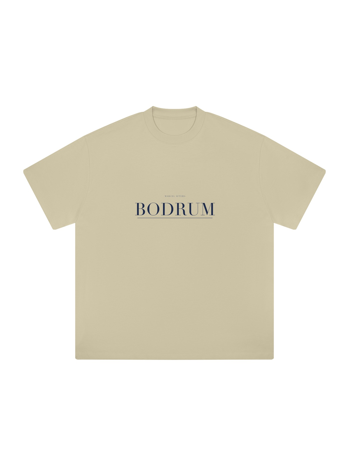Bodrum Heavyweight Drop Shoulder T-Shirt by Marcel Afters in Pale Khaki, front view with the printed artwork, on white
