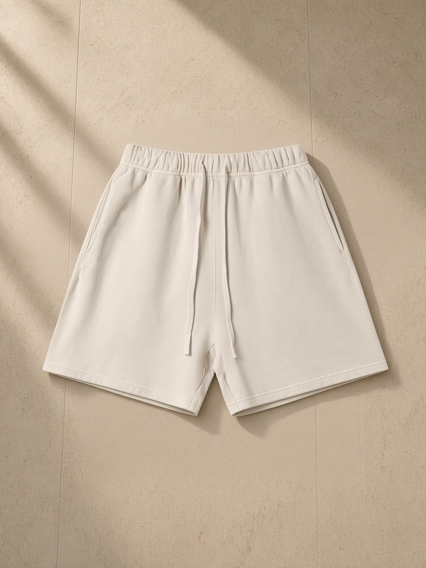 Vintage Wash Cotton Shorts in Apricot, laid flat on pale limestone