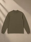 Mock Neck Sweatshirt in Gray Green, laid flat on pale limestone