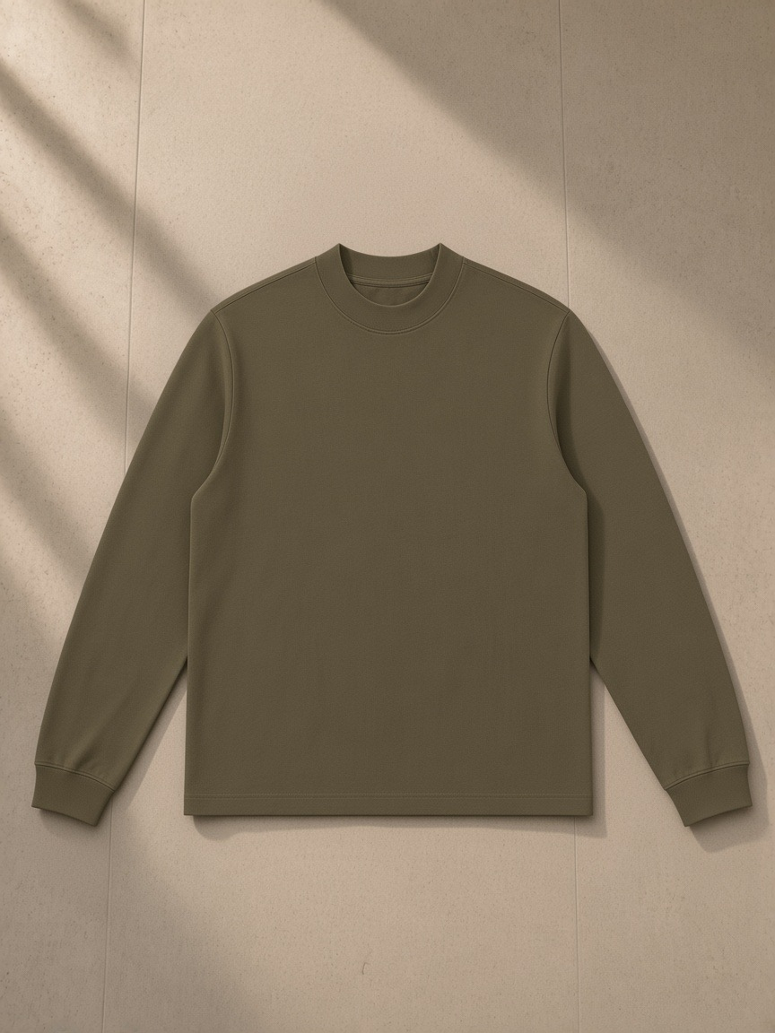 Mock Neck Sweatshirt in Gray Green, laid flat on pale limestone