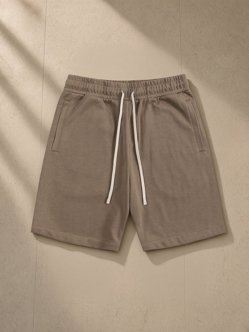 Essential Cotton Shorts in Coffee, laid flat on pale limestone