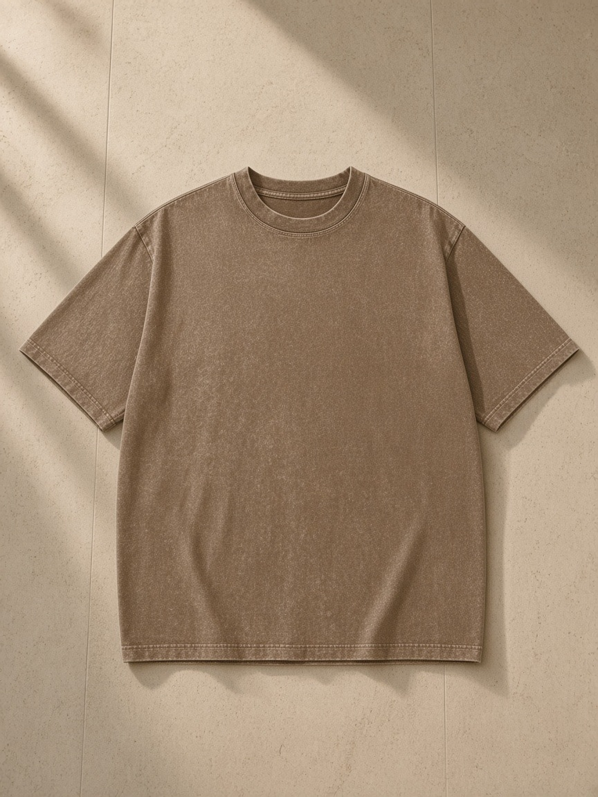 Unisex heavyweight snow washed t-shirt in Coffee, laid flat on pale limestone