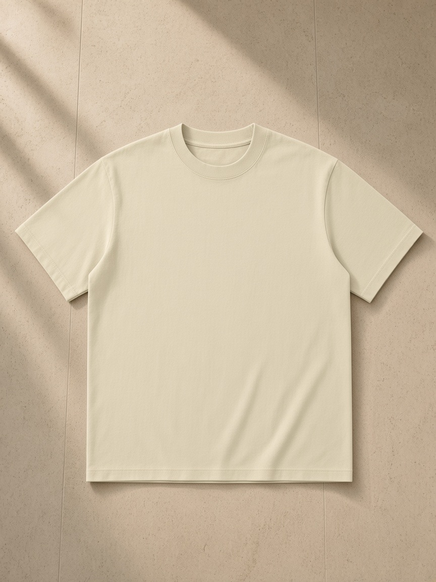 Unisex loose drop shoulder t-shirt in Pale Khaki, laid flat on pale limestone