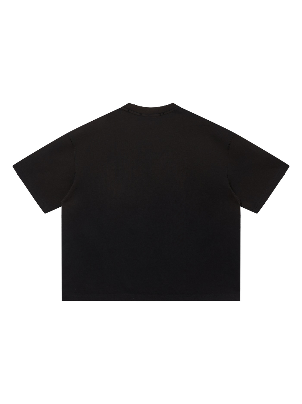 Unisex sun fade distressed boxy t-shirt in Black, back view on white. Marcel Afters