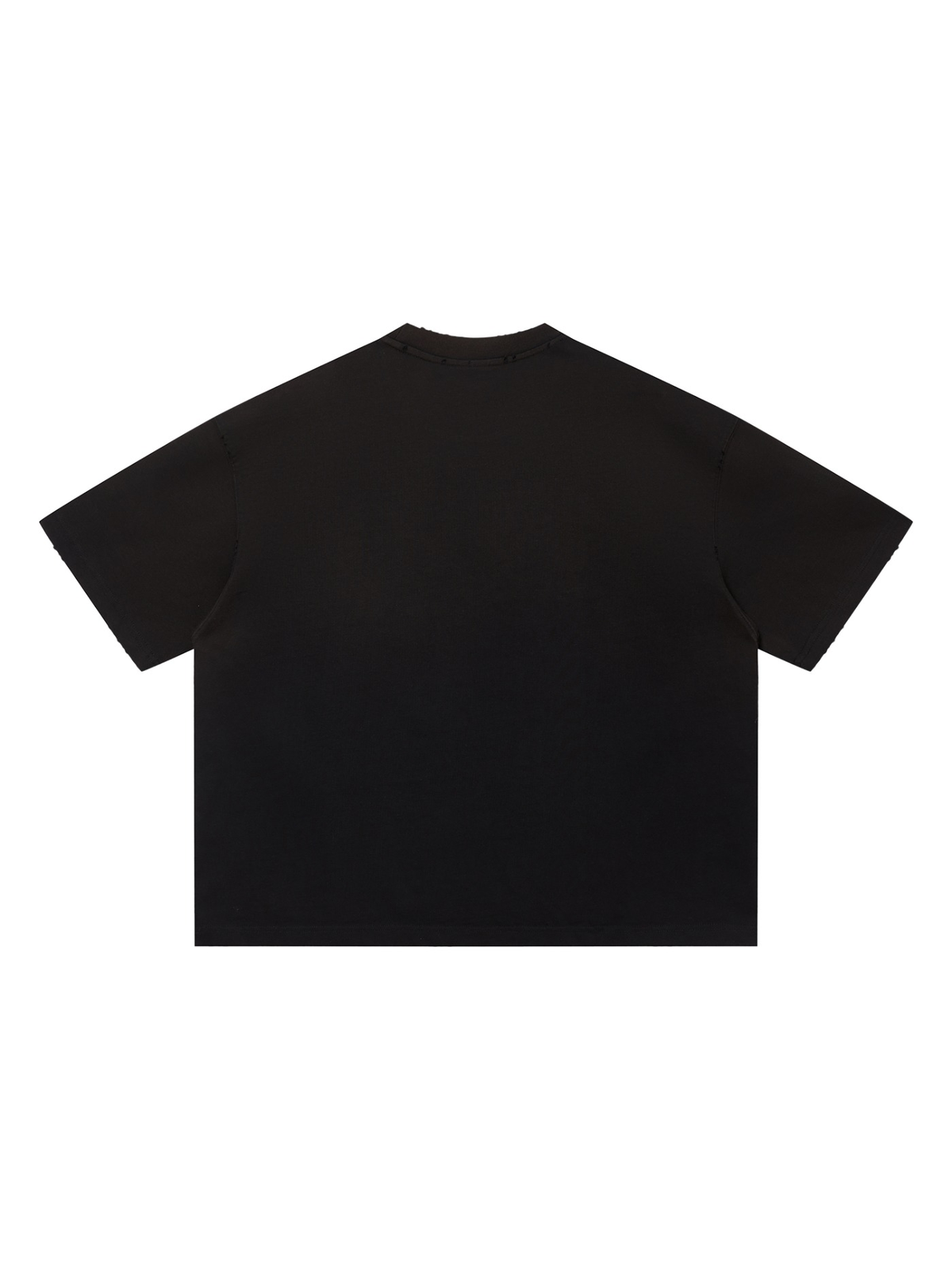 Unisex sun fade distressed boxy t-shirt in Black, back view on white. Marcel Afters