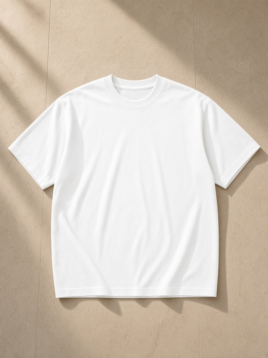 Unisex boxy drop shoulder t-shirt in White, laid flat on pale limestone
