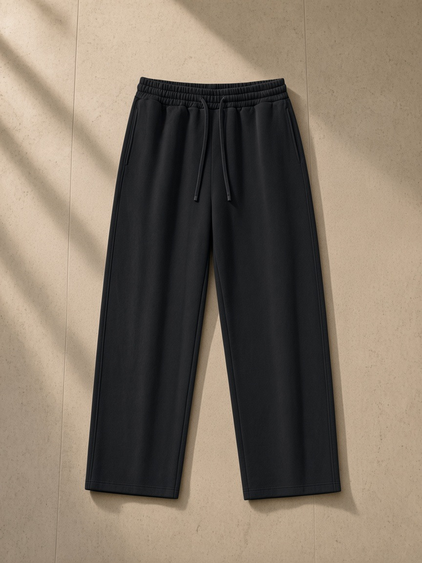 Straight Leg Sweatpants in Black, laid flat on pale limestone
