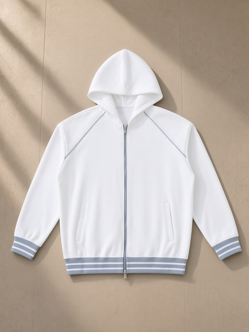 Striped Trim Zip-Up Hoodie in White, laid flat on pale limestone, front.