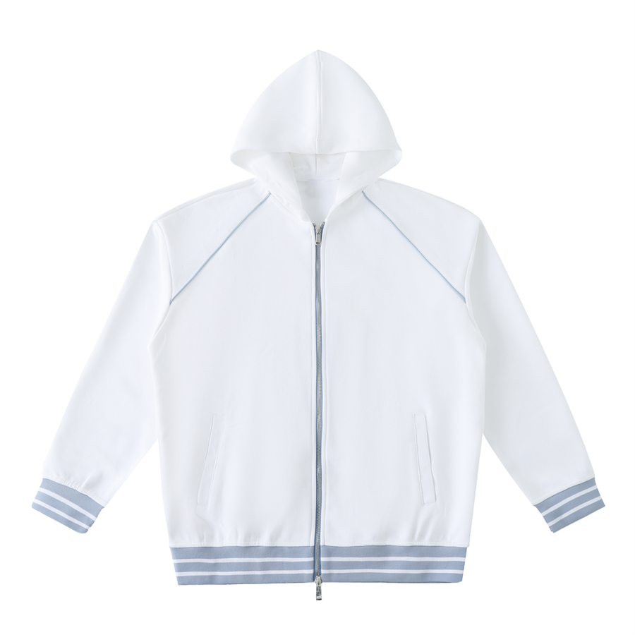 Women's Striped Trim Zip-Up Hoodie in White, front view
